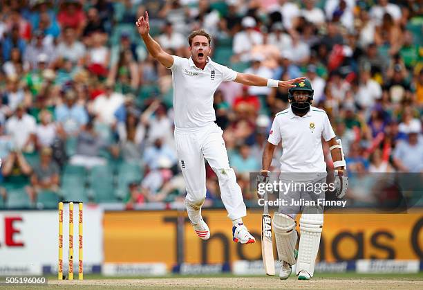 Stuart Broad of England reacts as James Anderson of England nearly catches out Stiaan Van Zyl of South Africa during day three of the 3rd Test at...