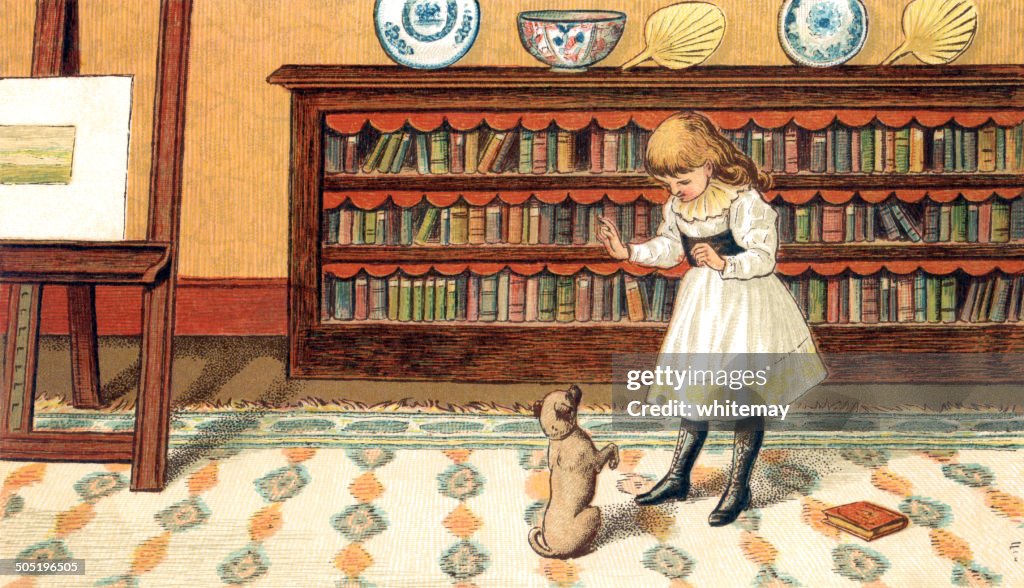 Victorian girl teaching her dog to beg