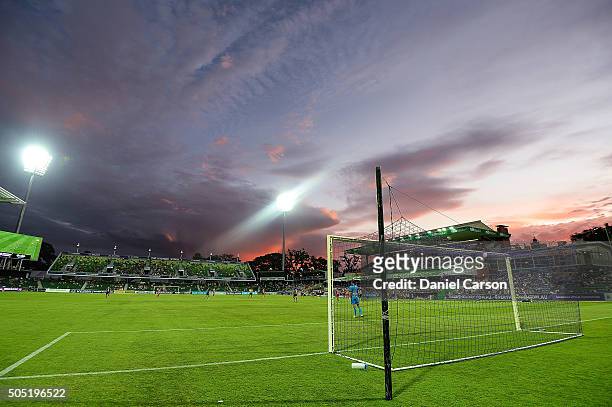 Ante Covic of the Perth Glory stands guard of his goals as the sun sets during the round 15 A-League match between Perth Glory and Melbourne City FC...