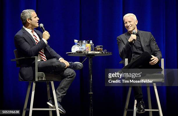 Andy Cohen and Anderson Cooper perform during their AC2 tour at The Masonic on January 15, 2016 in San Francisco, California.