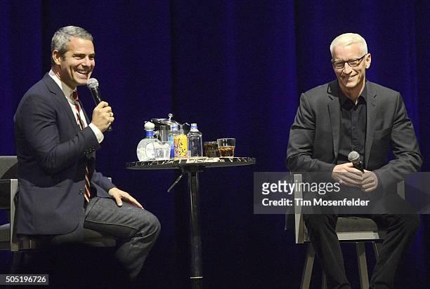 Andy Cohen and Anderson Cooper perform during their AC2 tour at The Masonic on January 15, 2016 in San Francisco, California.