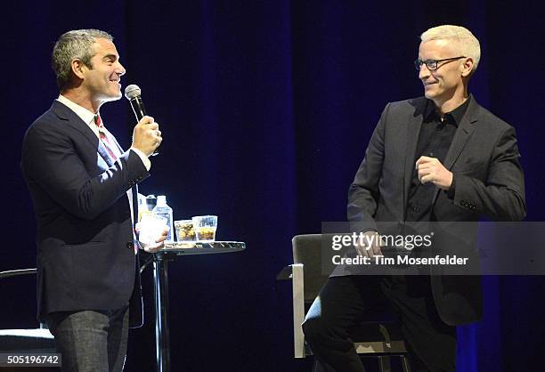 Andy Cohen and Anderson Cooper perform during their AC2 tour at The Masonic on January 15, 2016 in San Francisco, California.