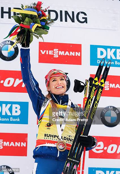 Gabriela Soukalova of the Czech Republic celebrates victory in the Women's 12.5km Biathlon race of the Ruhpolding IBU Biathlon World Cup on January...