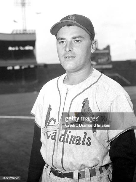 Pitcher Luis Arroyo of the St. Louis Cardinals poses for a portrait prior to a game in 1955 against the New York Giants at the Polo Grounds in New...