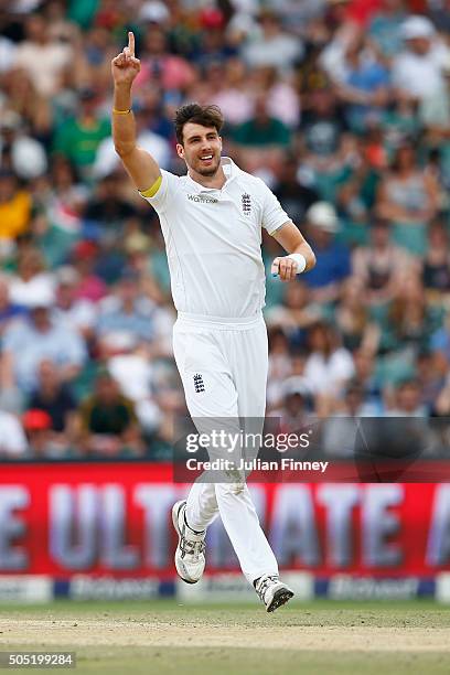 Steven Finn of England celebrates taking the wicket of Dane Vilas of South Africa during day three of the 3rd Test at Wanderers Stadium on January...