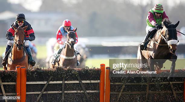 Ben Poste riding Bold Duke clear the last to win The Betfred 'Goals Galore' Novices' Handicap Hurdle Race at Warwick racecourse on January 16, 2016...