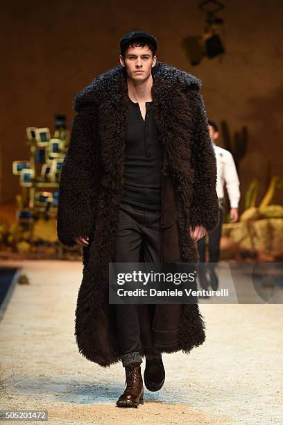 Model walks the runway at the Dolce & Gabbana show during Milan Men's Fashion Week Fall/Winter 2016/17 on January 16, 2016 in Milan, Italy.