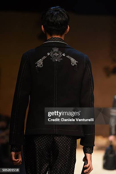 Model walks the runway at the Dolce & Gabbana show during Milan Men's Fashion Week Fall/Winter 2016/17 on January 16, 2016 in Milan, Italy.