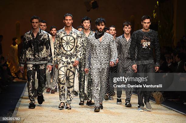 Model walks the runway at the Dolce & Gabbana show during Milan Men's Fashion Week Fall/Winter 2016/17 on January 16, 2016 in Milan, Italy.