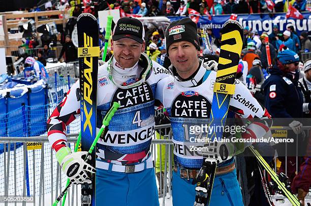 Hannes Reichelt of Austria takes 2nd place and Klaus Kroell of Austria takes 3rd place during the Audi FIS Alpine Ski World Cup Men's Downhill on...