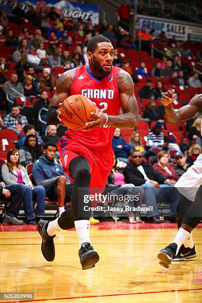 Branden Dawson of the Grand Rapids Drive drives to the basket against the Iowa Energy in an NBA D-League game on January 15, 2016 at the Wells Fargo...