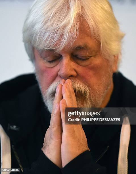 Leader of the environmentalist association Sea Shepherd Conservation Society Paul Watson, speaks during a press conference before a meeting against...