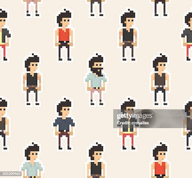 pixel people - boys seamless pattern - computer game character stock illustrations