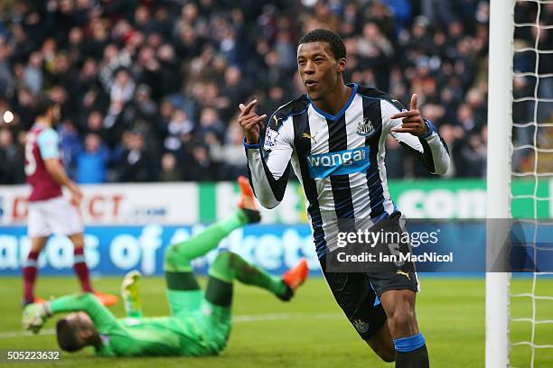 Georginio Wijnaldum of Newcastle United celebrates scoring his team's second goal during the Barclays Premier League match between Newcastle United...