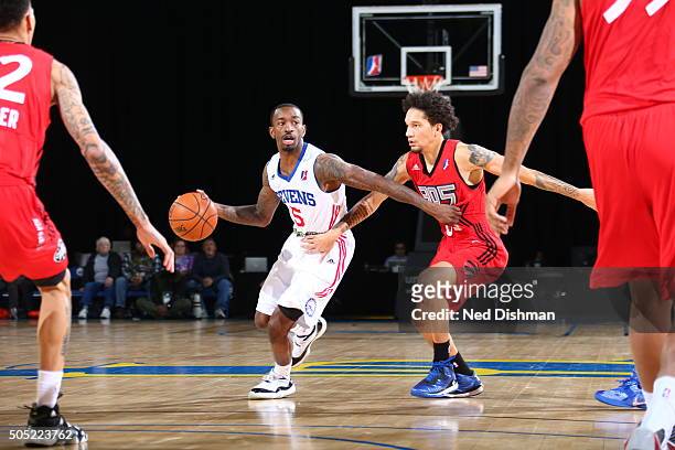 Russ Smith of the Delaware 87ers looks to pass the ball against the Toronto Raptors 905 on January 15, 2016 at Bob Carpenter Center in Newark,...