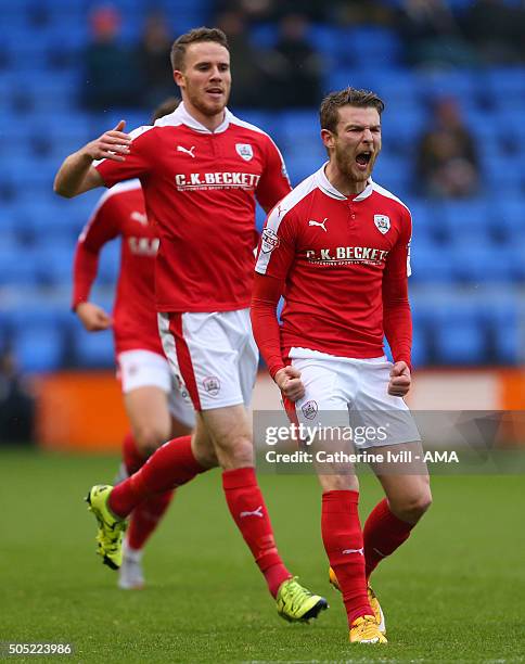 Sam Winnall of Barnsley celebrates after he scores to make it 0-1 during the Sky Bet League One match between Shrewsbury Town and Barnsley at New...