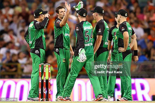 Ben Hilfenhaus of the Stars celebrates with team mates after dismissing Jhye Richardson of the Scorchers during the Big Bash League match between the...