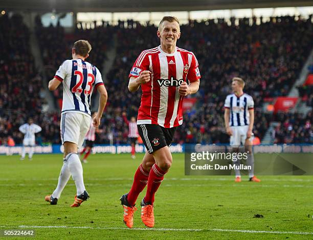 James Ward-Prowse of Southampton celebrates scoring his team's second goal during the Barclays Premier League match between Southampton and West...