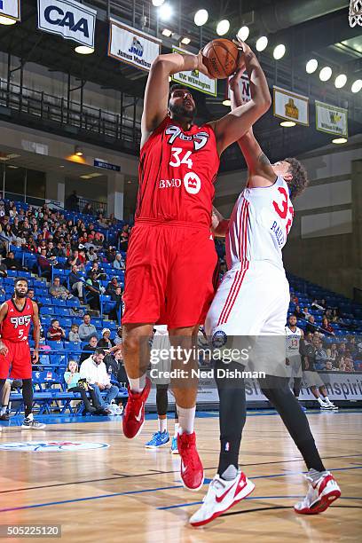 Sim Bhullar of the Toronto Raptors905 drives to the basket against the Delaware 87ers on January 15, 2016 at Bob Carpenter Center in Newark,...