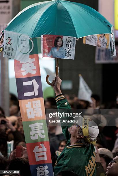 Democratic Progressive Party supporters attend a rally following the results of the presidential elections in Taipei, Taiwan on January 16, 2016....