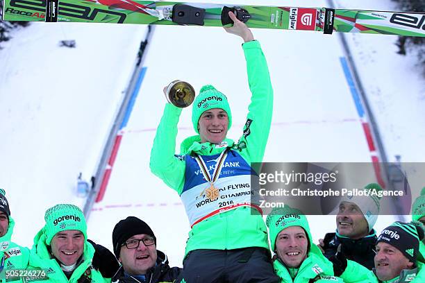 Peter Prevc of Slovenia takes gold medals during the FIS Ski Flying World Championships Men's HS225 on January 16, 2016 in Bad Mitterndorf, Austria.