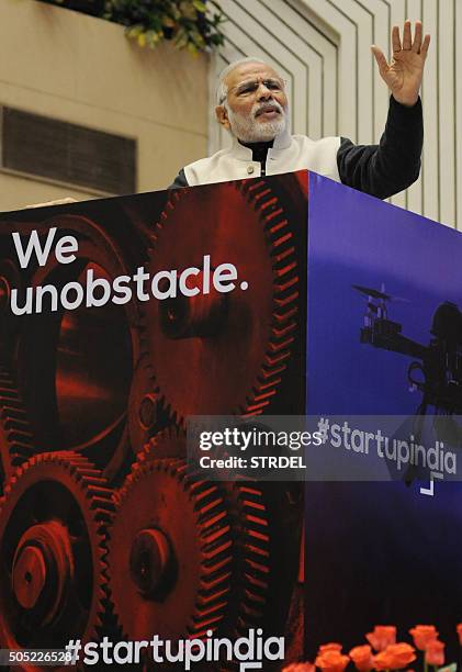 Indian Prime Minister Narendra Modi gestures as he speaks during an event to launch an initiative to bolster start-ups in New Delhi on January 16,...