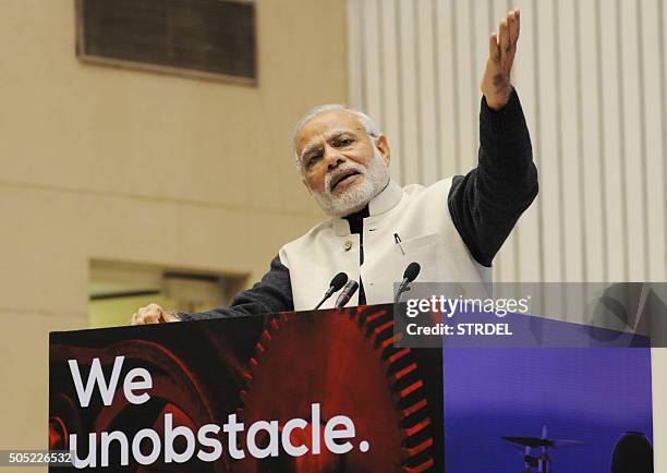 Indian Prime Minister Narendra Modi gestures as he speaks during an event to launch an initiative to bolster start-ups in New Delhi on January 16,...