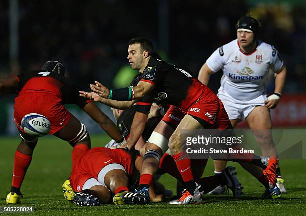 Neil De Kock of Saracens passes the ball during the European Rugby Champions Cup pool one match between Saracens and Ulster at Allianz Park on...