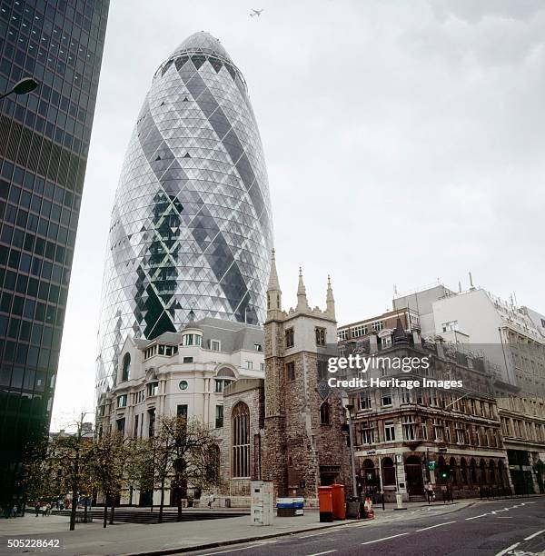 St Mary Axe, City of London, 2000s. Exterior view of the building commonly known as the 'Gherkin' from Leadenhall Street. The building was previously...