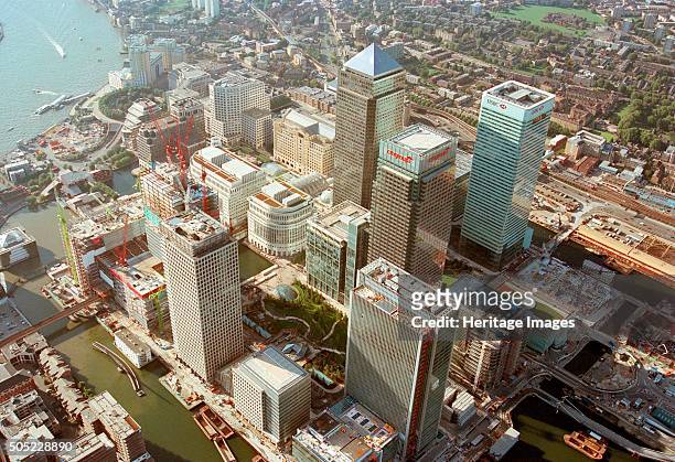 Canary Wharf, Docklands, Poplar, London, c2000s. Aerial view. These shining office blocks were built on the West India Dock as part of a scheme to...