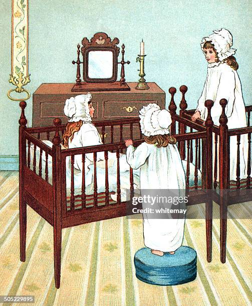 victorian girls' bedtime - sisters standing bed stock illustrations