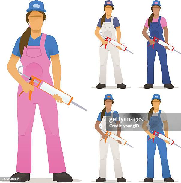 stockillustraties, clipart, cartoons en iconen met female decorator with sealant gun - caulk