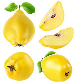 Quince fruits whole and cut collection isolated on white