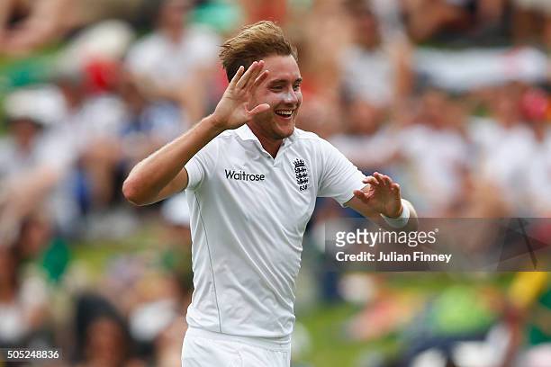 Stuart Broad of England celebrates taking the wicket of Temba Bavuma of South Africa during day three of the 3rd Test at Wanderers Stadium on January...