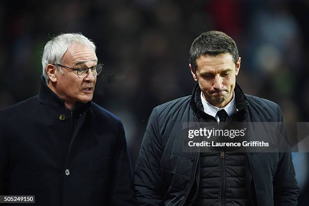 Claudio Ranieri Manager of Leicester City and Remi Garde Manager of Aston Villa talk prior to the Barclays Premier League match between Aston Villa...