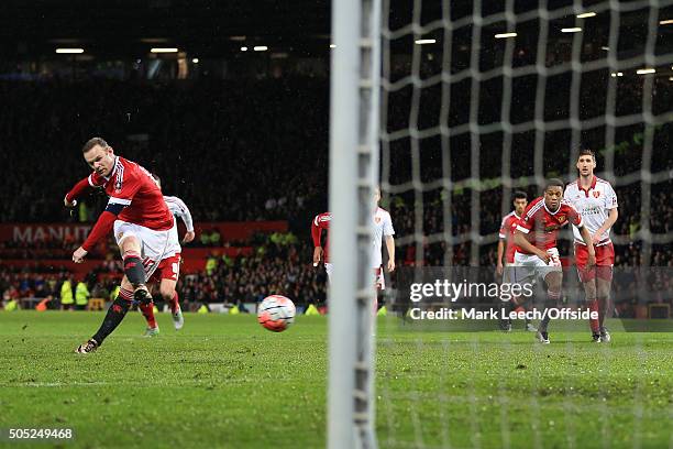 Wayne Rooney of Man Utd scores their 1st goal with a penalty during the Emirates FA Cup Third Round match between Manchester United and Sheffield...