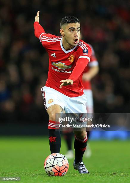 Andreas Pereira of Man Utd in action during the Emirates FA Cup Third Round match between Manchester United and Sheffield United at Old Trafford on...