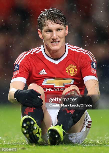 Bastian Schweinsteiger of Man Utd looks dejected during the Emirates FA Cup Third Round match between Manchester United and Sheffield United at Old...