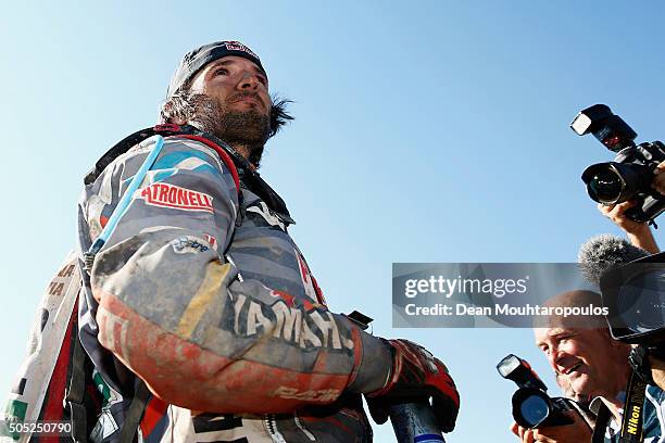 Marcos Patronelli of Argentina riding on and for YAMAHA WATRICICLO YAMAHA RACING celebrates after winning the overall race at the end of stage...