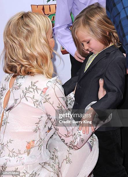 Actress Kate Hudson and son Bingham Hawn Bellamy arrive at the Premiere of DreamWorks and Twentieth Century Fox's 'Kung Fu Panda 3' at TCL Chinese...