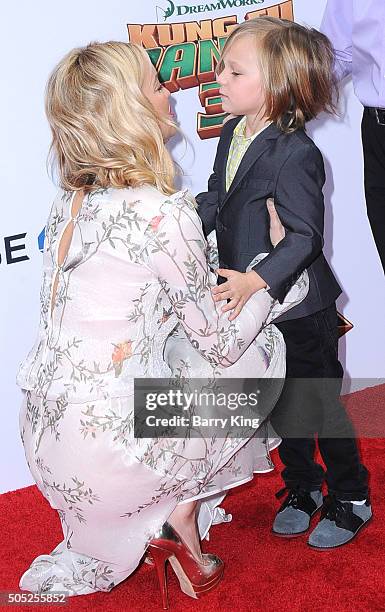 Actress Kate Hudson and son Bingham Hawn Bellamy arrive at the Premiere of DreamWorks and Twentieth Century Fox's 'Kung Fu Panda 3' at TCL Chinese...