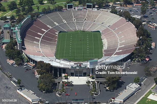 An aerial view of the Rose Bowl the home of the UCLA Bruins and NCAA bowl games on July 13, 2010 in Anaheim, California.