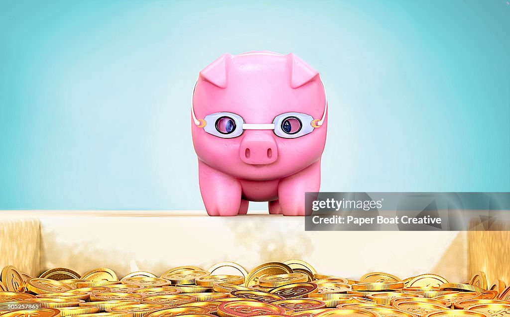 Piggy Bank ready to dive into a pool of gold coins