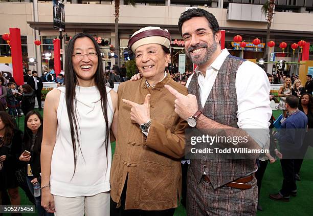 Director Jennifer Yuh, actor James Hong and director Alessandro Carloni attend the premiere of DreamWorks Animation and Twentieth Century Fox's "Kung...