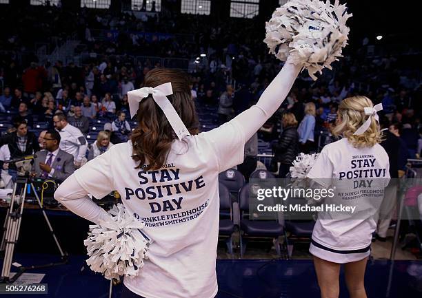 Butler Bulldogs cheerleaders wear "Stay Positive Day" t-shirts before the game against the St. John's Red Storm honoring former player Andrew Smith...