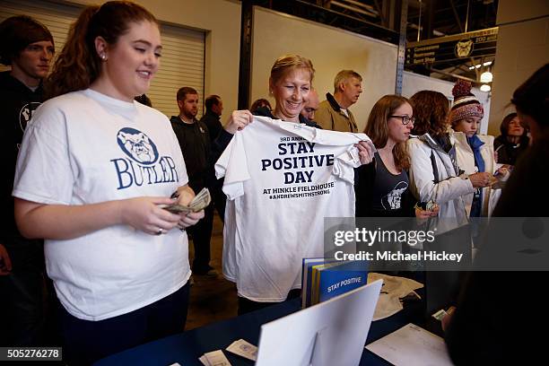 Butler Bulldogs fans line up to purchase tee shirts honoring former player Andrew Smith before the game against St. John's Red Storm at Hinkle...