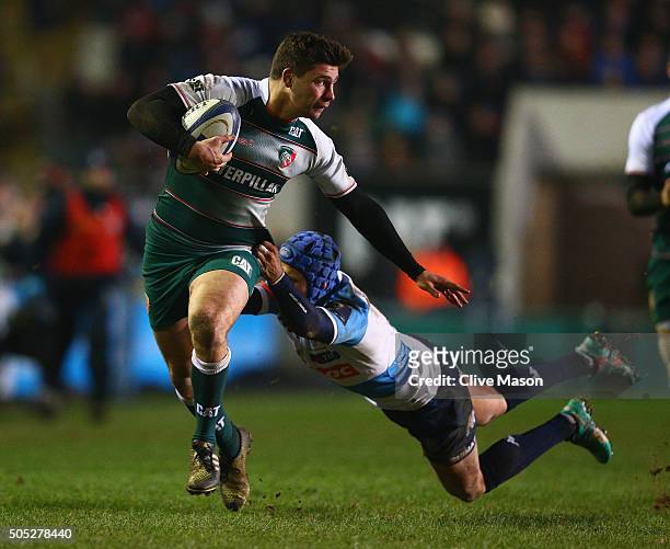 Ben Youngs of Leicester Tigers breaks through to score a try during the European Rugby Champions Cup match between Leicester Tigers and Benetton...