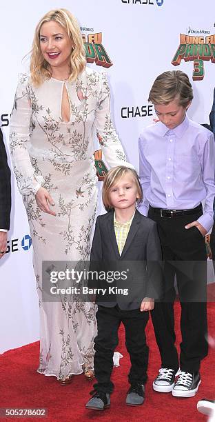 Actress Kate Hudson and sons Bingham Hawn Bellamy and Ryder Robinson arrive at the Premiere of DreamWorks and Twentieth Century Fox's 'Kung Fu Panda...