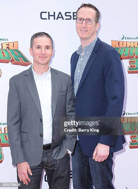 Writers Jonathan Aibel and Glenn Berger arrive at the Premiere of DreamWorks and Twentieth Century Fox's 'Kung Fu Panda 3' at TCL Chinese Theatre on...