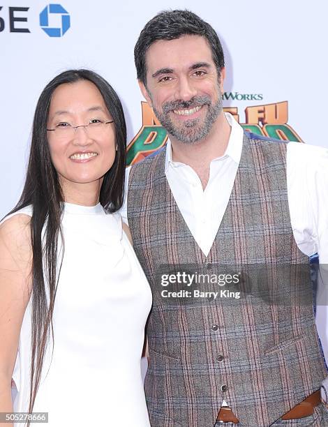 Directors Jennifer Yuh Nelson and Alessandro Carloni arrive at the Premiere of DreamWorks and Twentieth Century Fox's 'Kung Fu Panda 3' at TCL...